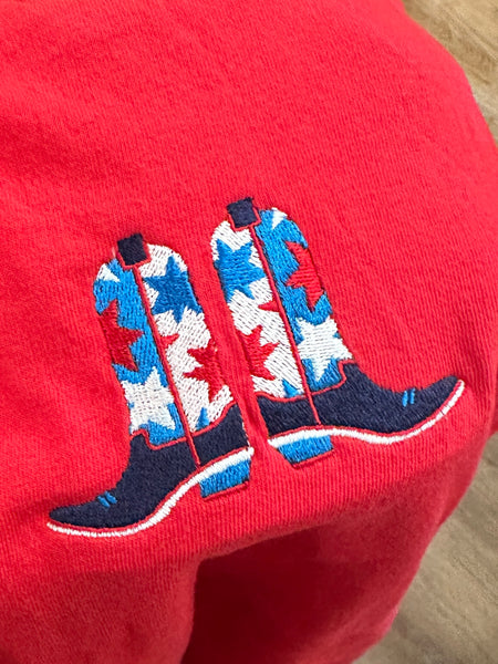 Patriotic Cowgirl Boots on Red Tee