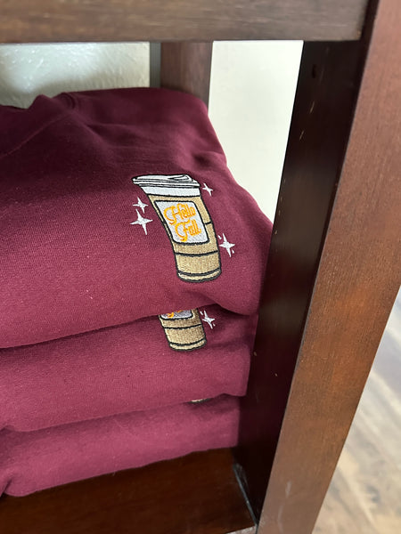 Hello Fall Coffee Cup on Maroon Gildan Heavy Blend Sweatshirt