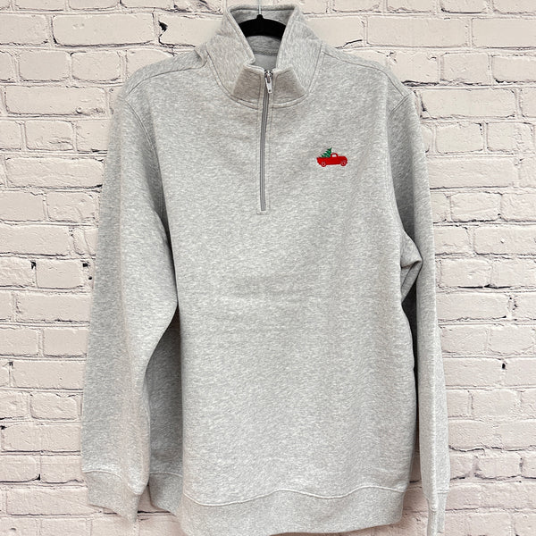 Little Red Christmas Tree Truck on Athletic Heather Quarter Zip