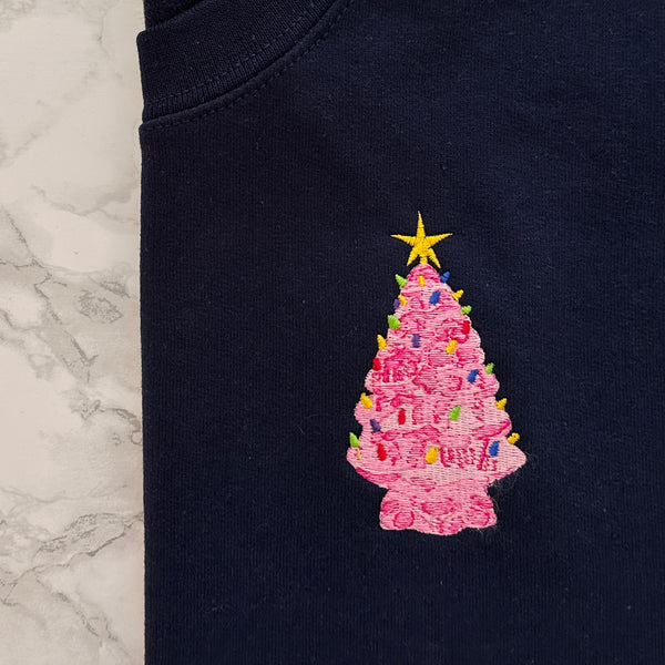 Vintage Pink Christmas Tree on Navy Blue Gildan Heavy Blend Sweatshirt
