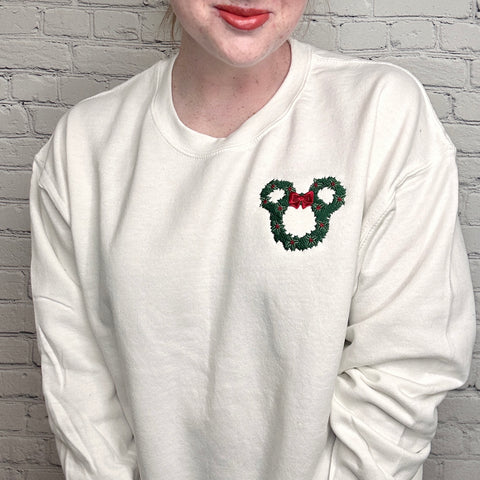 Magical Mouse Christmas Wreath on White Gildan Heavy Blend Sweatshirt