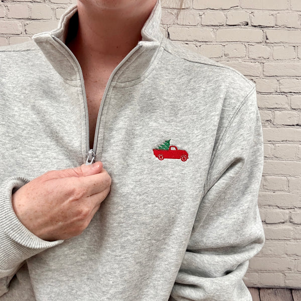 Little Red Christmas Tree Truck on Athletic Heather Quarter Zip