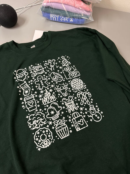 Magical Christmas Icons on Forest Green Gildan Heavy Blend Sweatshirt