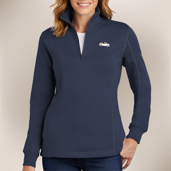 Ladies Quarter Zip Little Pumpkin Truck on Navy Pullover