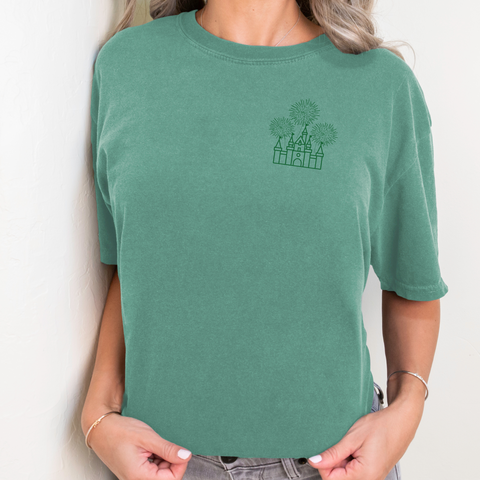 Large Tone-on-Tone Magical Castle on Light Green Tee