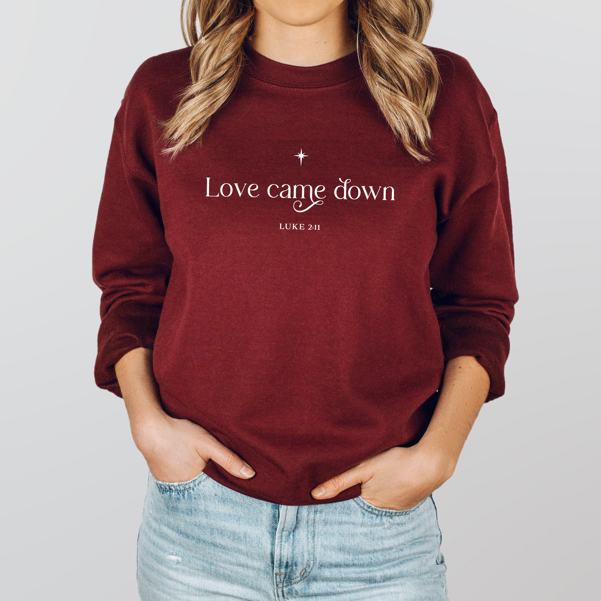 Love Came Down on Garnet Gildan Heavy Blend Sweatshirt