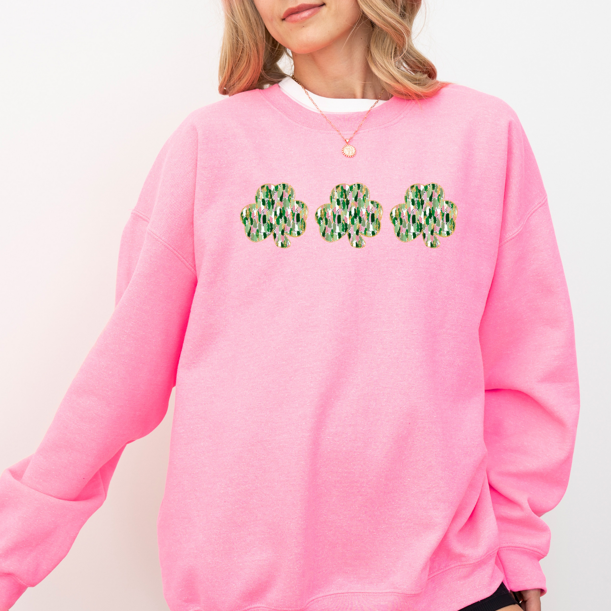 Girly Shamrocks on Bright Pink Sweatshirt PREORDER