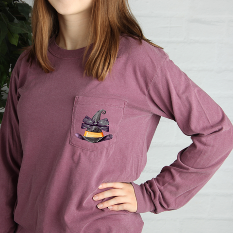 Witch's Hat With Bow on Long Sleeve Berry Pocket Tee