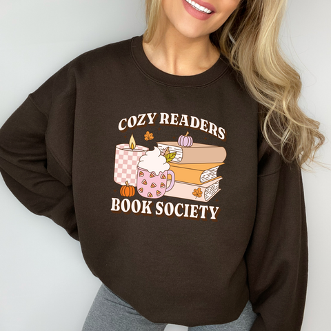 Cozy Readers Book Society on Dark Brown Gildan Heavy Blend Sweatshirt