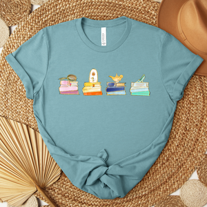 Four Princess Book Stacks Tee in Heather Blue Lagoon PREORDER