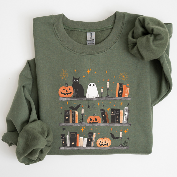 Spooky Bookshelf on Military Green Sweatshirt PREORDER
