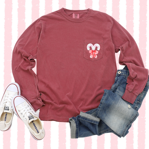 Preppy Candy Cane on Long-Sleeved Crimson Pocket Tee