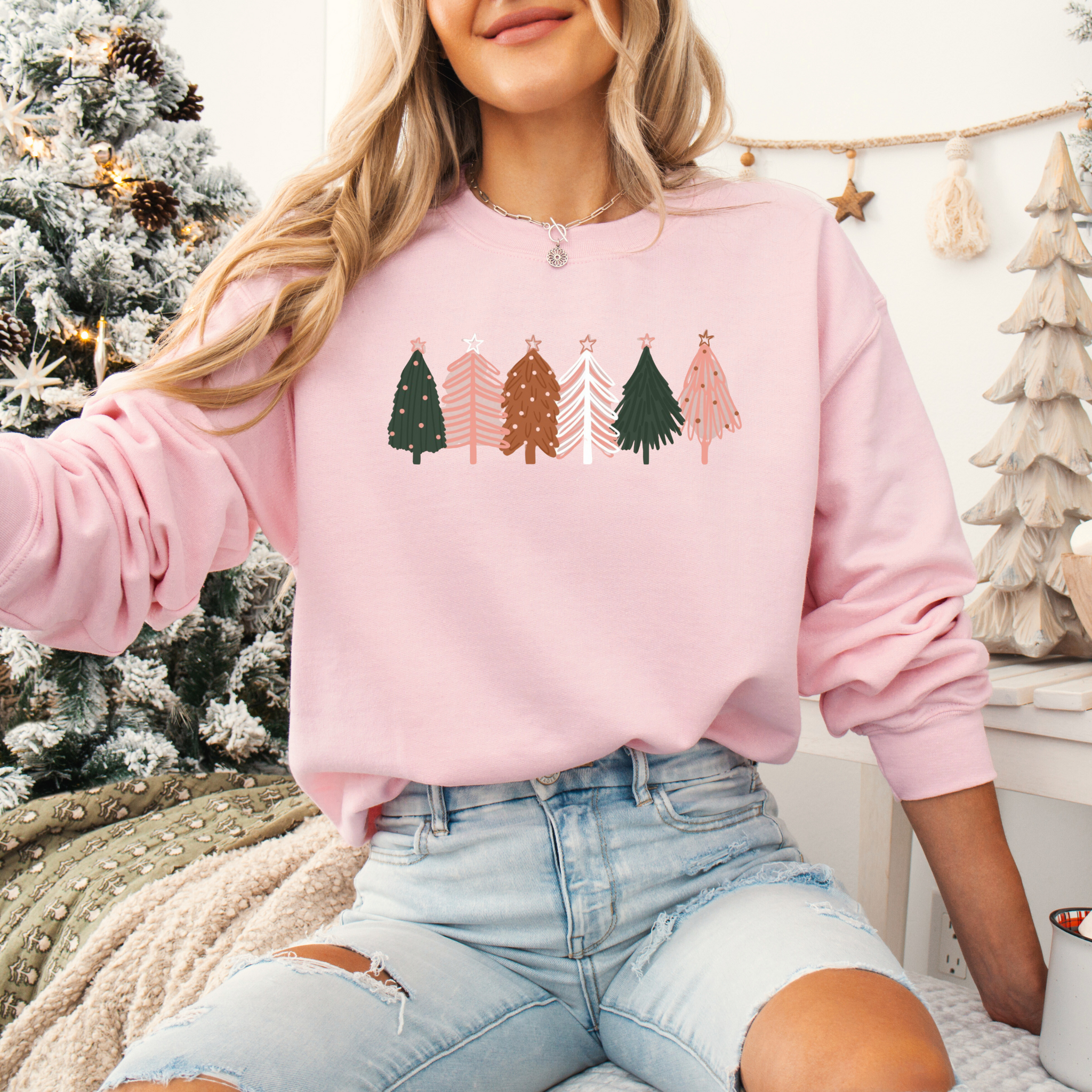 Pretty Trees on Light Pink Gildan Heavy Blend Sweatshirt