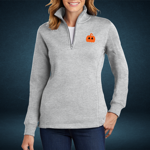 Ladies Quarter Zip Little Pumpkin on Light Grey Pullover