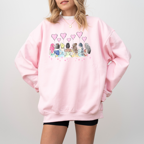 Princesses Holding Balloons on Light Pink Sweatshirt (FAMILY MATCHING AVAILABLE) PREORDER