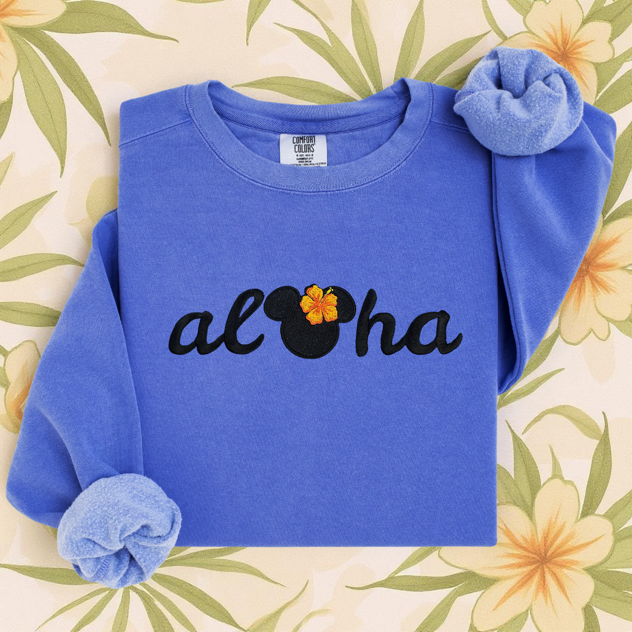 Aloha Mouse 🌺 on Flo Blue Comfort Colors Sweatshirt PREORDER