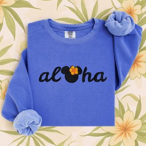 Aloha Mouse 🌺 on Flo Blue Comfort Colors Sweatshirt PREORDER