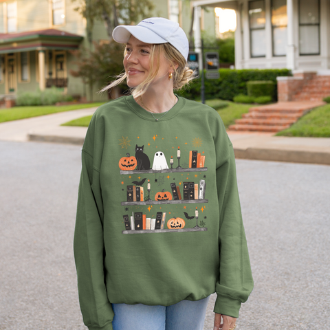 Spooky Bookshelf on Military Green Sweatshirt PREORDER