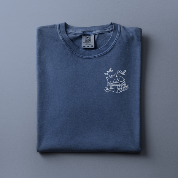 Reading Cat Embroidered Tee | Choose Your Color