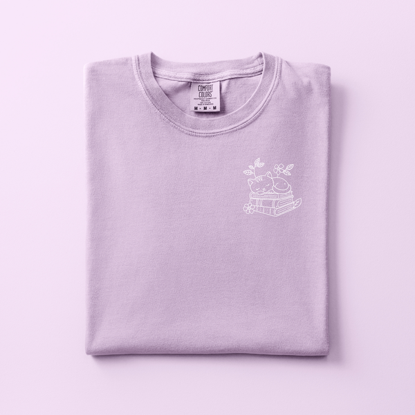 Reading Cat Embroidered Tee | Choose Your Color