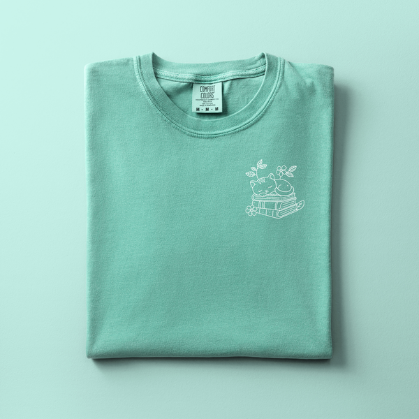 Reading Cat Embroidered Tee | Choose Your Color