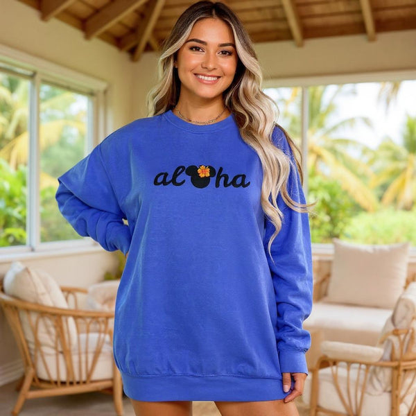 Aloha Mouse 🌺 on Flo Blue Comfort Colors Sweatshirt PREORDER