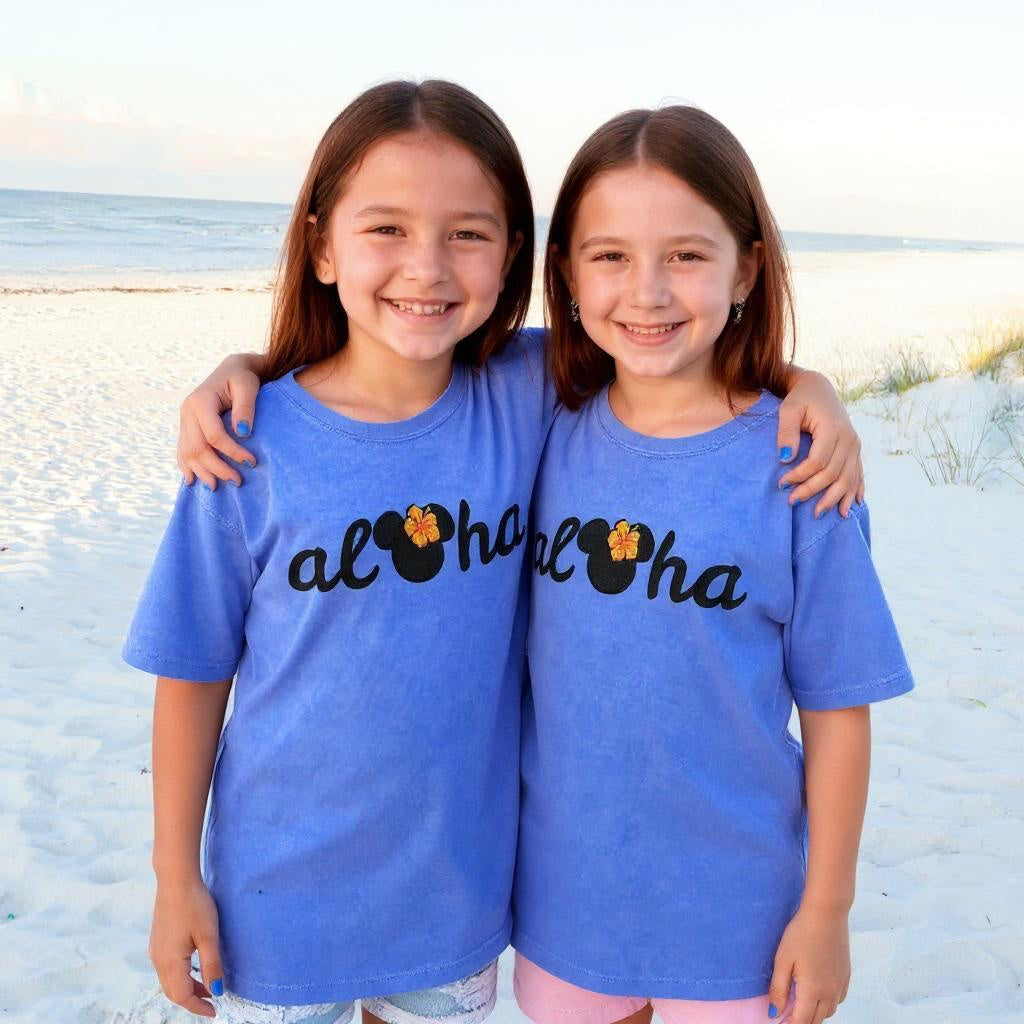 Aloha Mouse 🌺 on Flo Blue Comfort Colors Tee (Youth Sizes
