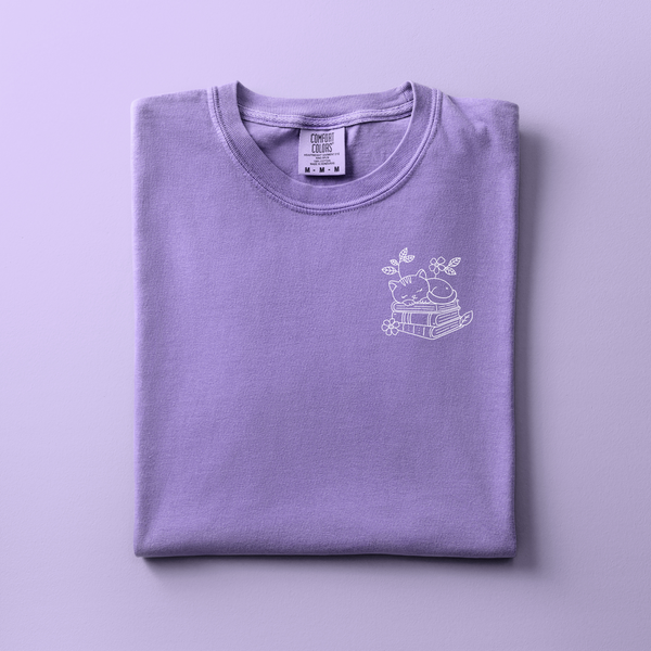 Reading Cat Embroidered Tee | Choose Your Color