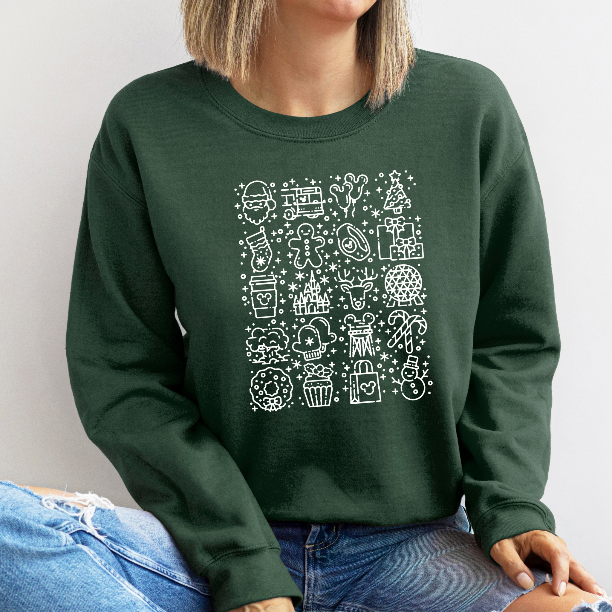 Magical Christmas Icons on Forest Green Gildan Heavy Blend Sweatshirt