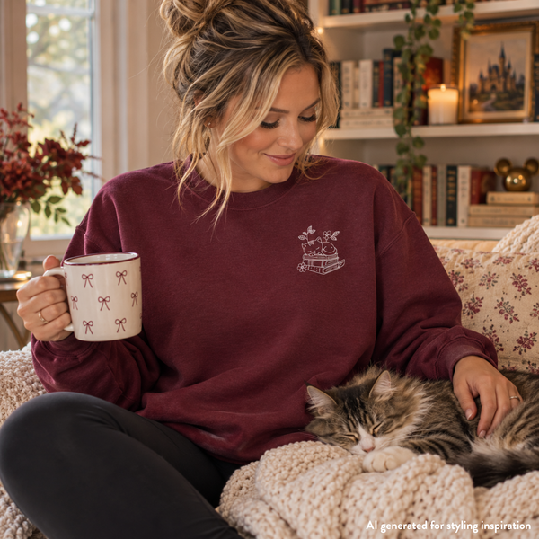 Reading Cat Embroidered Sweatshirt | Choose Your Color