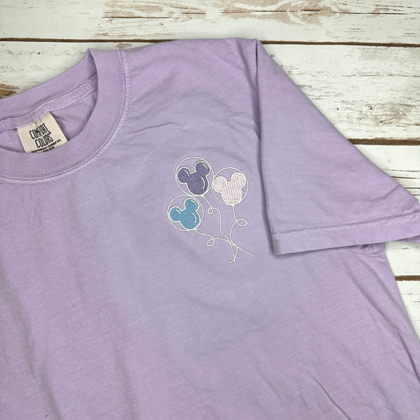 Short-Sleeved Pastel Mouse Balloons on Lavender Tee