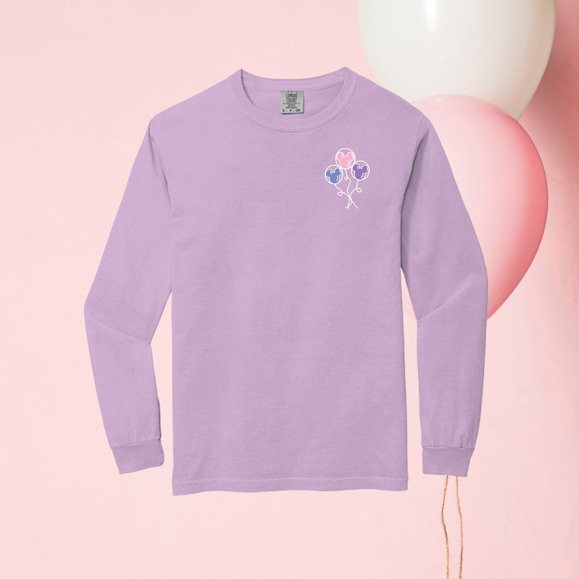 Long-Sleeved Pastel Mouse Balloons on Lavender Tee
